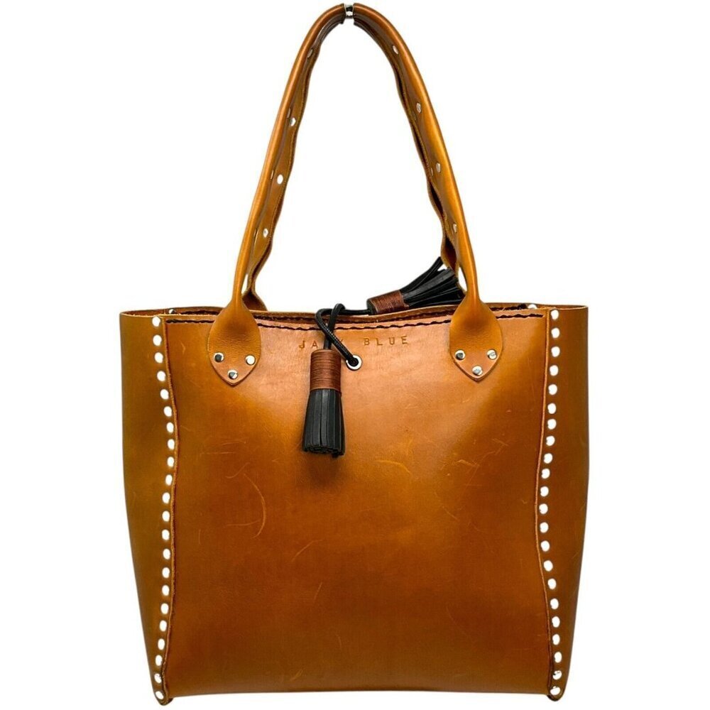 Jaxy Blue Medium Leather Tote Bag Brown Handmade Studded Western Tassel Pocket